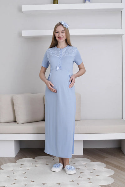 Maternity Nightgown Dressing Gown Set Lace Detailed Buttoned Nursing Maternity Set 2-Piece - 2296