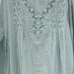 Women's long striped light green lounge set with a stylish design, featuring a short top zipper and embroidery on the chest. 26-20-B-2(26-19-B-2)