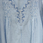 Women's long striped light blue lounge set with an elegant design, front zipper, and embroidery on the chest. 26-20-B-1(26-19-B-1)