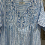 Women's long striped kaftan in light blue with a seriscoir pattern, elegant embroidery on the chest, and a V-neck. 26-20-A-1