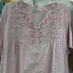 Long women's kaftan in light pink striped sisal fabric with delicate embroidery on the chest 26-20-A-3