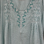 Women's long striped light green lounge set with a stylish design, featuring a short top zipper and embroidery on the chest. 26-20-A-2