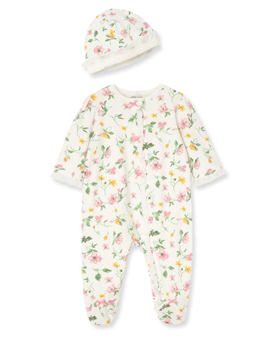 Floral Leaf Zip Footed One-Piece And Hat 11372