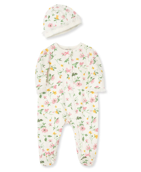 Floral Leaf Zip Footed One-Piece And Hat 11372