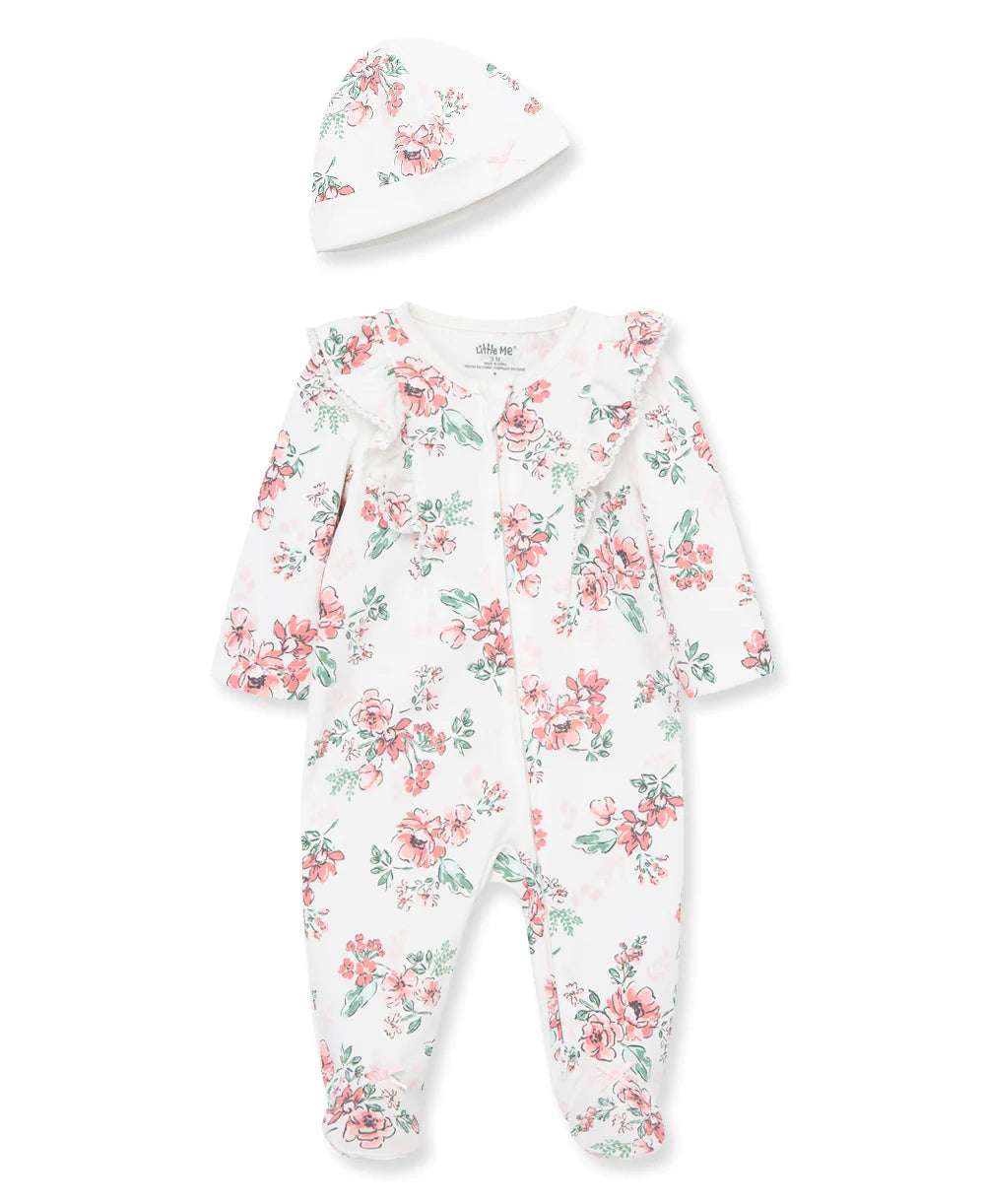 Whimsical Floral Zipper Footed One-Piece And Hat 12639