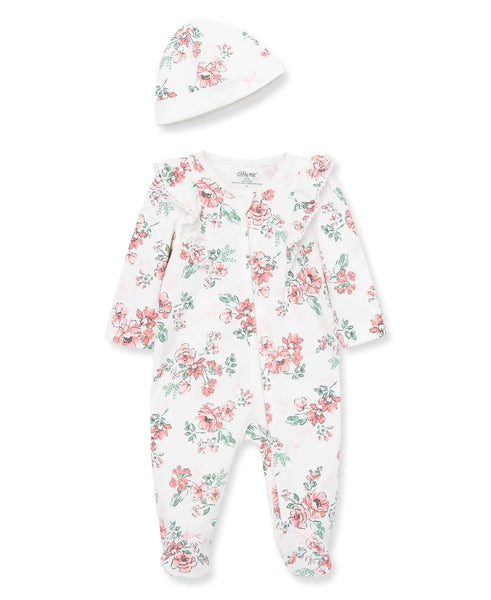 Whimsical Floral Zipper Footed One-Piece And Hat 12639