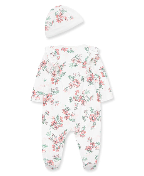 Whimsical Floral Zipper Footed One-Piece And Hat 12639