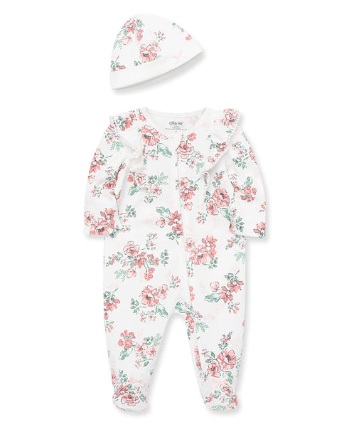 Whimsical Floral Zipper Footed One-Piece And Hat 12639