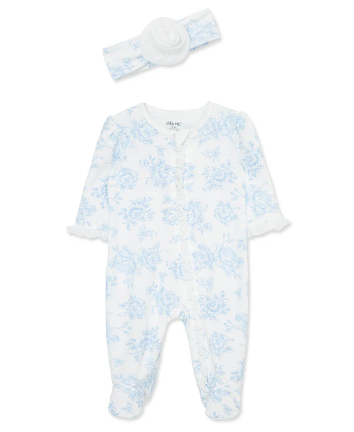 Blue Roses 2-Way-Zip Footed One-Piece And Headband 15472