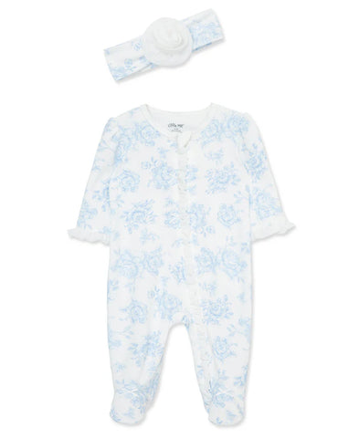 Blue Roses 2-Way-Zip Footed One-Piece And Headband 15472