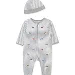 Race Cars 2-Way-Zip Footed One-Piece and Hat 17534