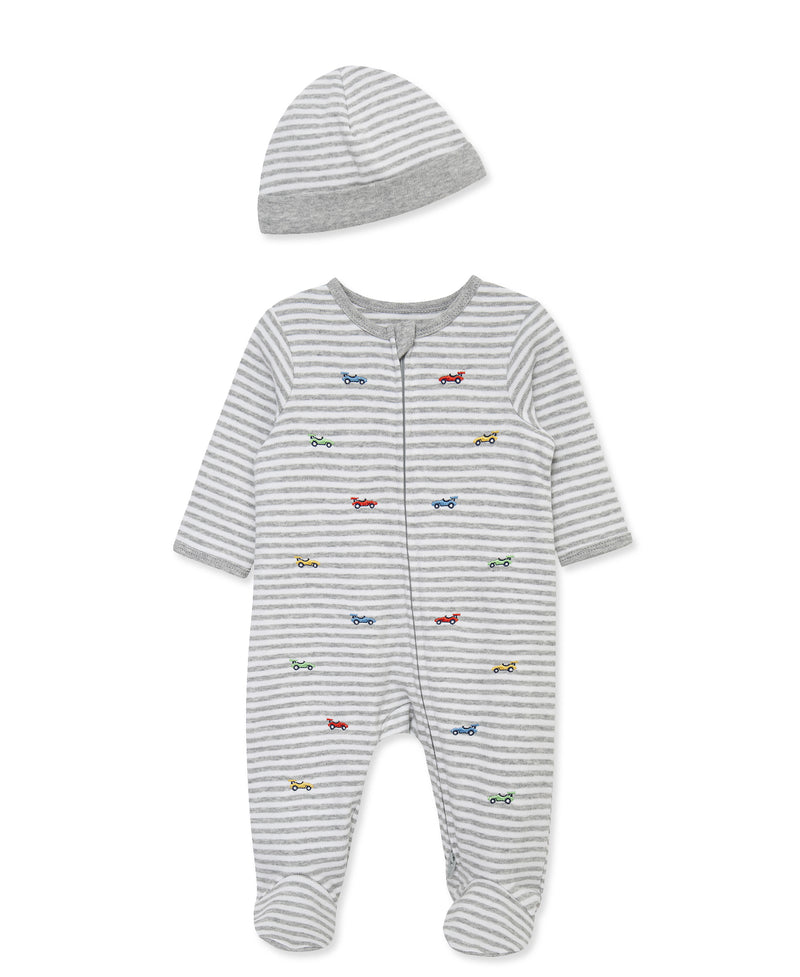 Race Cars 2-Way-Zip Footed One-Piece and Hat 17534