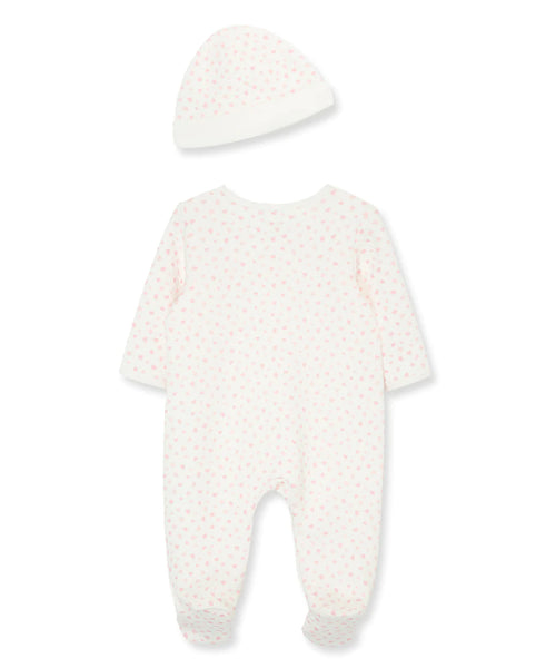 Pink Hearts Quilted Footie & Hat Set 13292