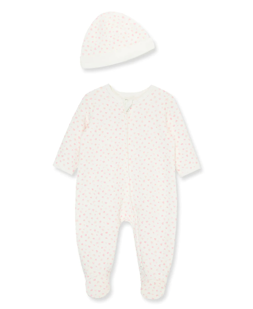 Pink Hearts Quilted Footie & Hat Set 13292