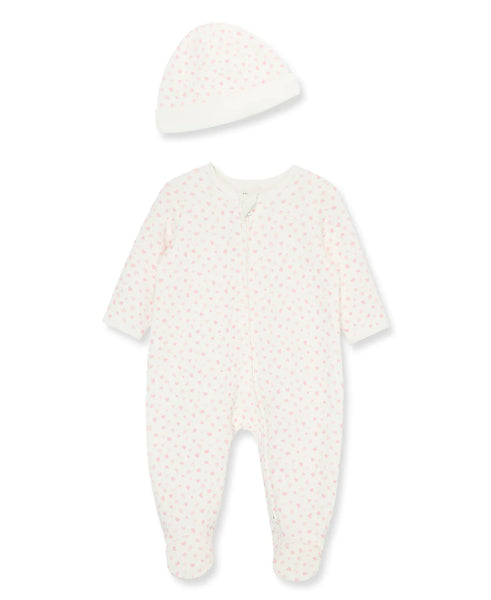 Pink Hearts Quilted Footie & Hat Set 13292