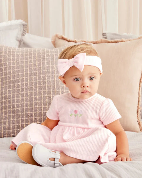 Little Me 3-piece set, 2 short-sleeved dresses with a diaper cover and a hairband, pink cotton bunny design for girls 15589