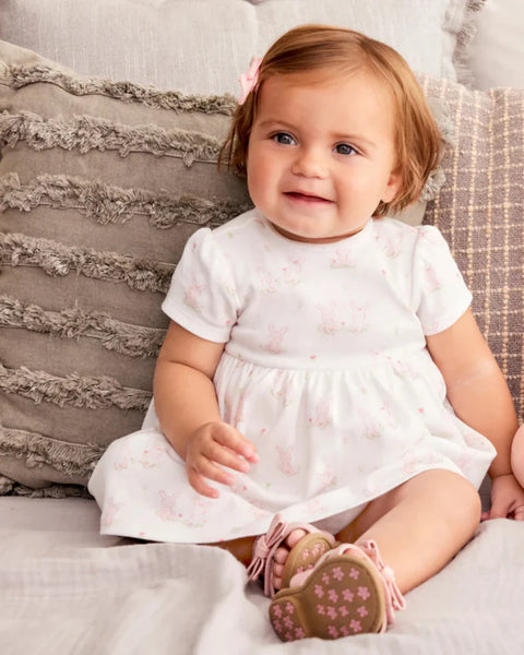 Little Me 3-piece set, 2 short-sleeved dresses with a diaper cover and a hairband, pink cotton bunny design for girls 15589