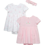 Little Me 3-piece set, 2 short-sleeved dresses with a diaper cover and a hairband, pink cotton bunny design for girls 15589