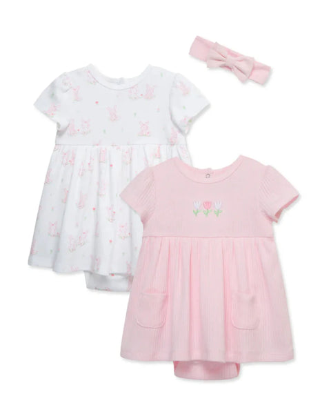 Little Me 3-piece set, 2 short-sleeved dresses with a diaper cover and a hairband, pink cotton bunny design for girls 15589