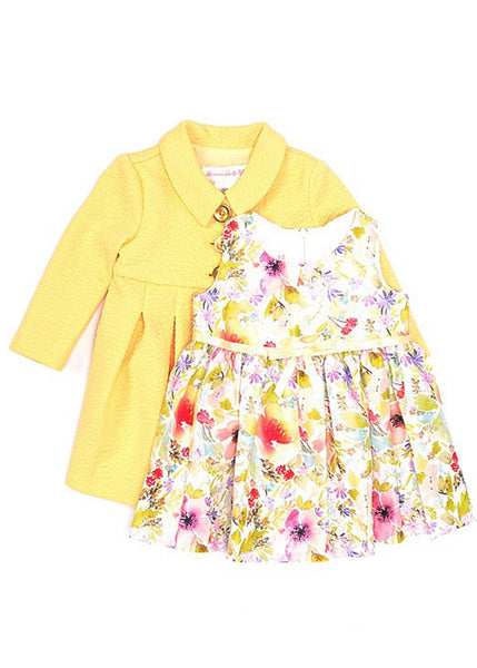 Copy of Baby Girls Newborn-24 Months Textured-Knit Yellow Coat & Sleeveless Shantung Floral Fit-And-Flare Dress Set 10986