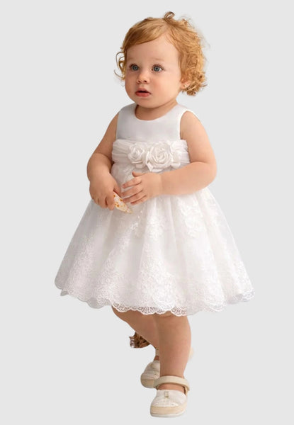 Embroidered organza dress with waistband and applied flowers 26-5008-3