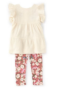 Little Girls 2T-6X Flutter Sleeve Metallic Dot Fit And Flare Gauze Dress & Floral Printed Knit Leggings Set