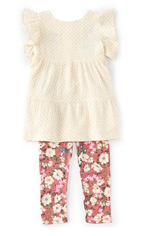 Little Girls 2T-6X Flutter Sleeve Metallic Dot Fit And Flare Gauze Dress & Floral Printed Knit Leggings Set