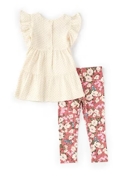 Little Girls 2T-6X Flutter Sleeve Metallic Dot Fit And Flare Gauze Dress & Floral Printed Knit Leggings Set