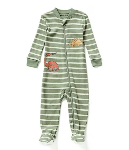 Baby Boys 12-24 Months Long Sleeve Striped Dinosaur Motif Footed Coveralls