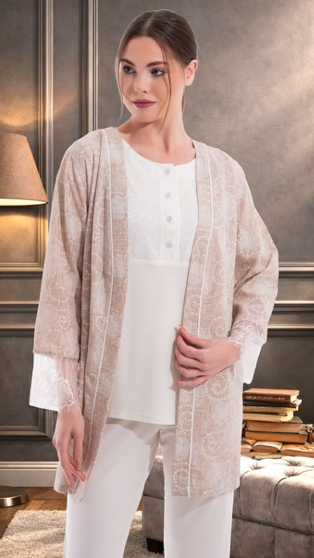 Women's SIloria loungewear pajama set featuring a luxurious long cardigan for a comfortable and elegant look.50116