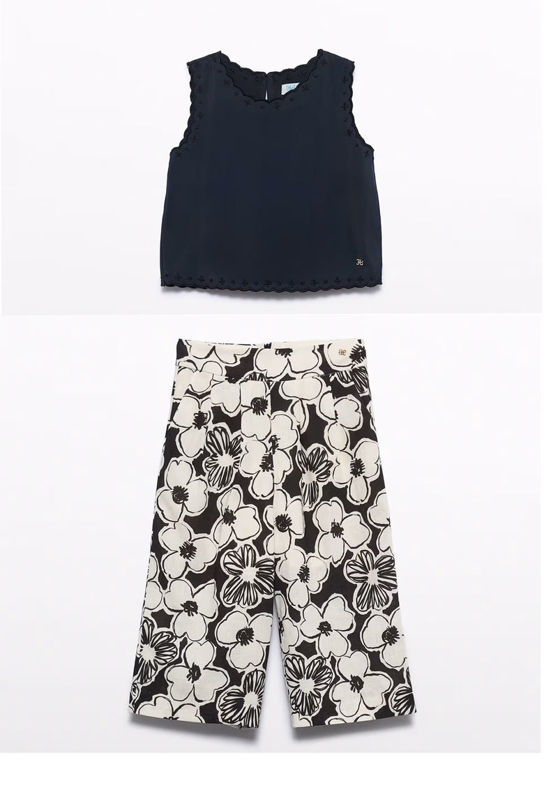 embroidered top for girls/Printed culottes for girls26-5177-93/5280-01
