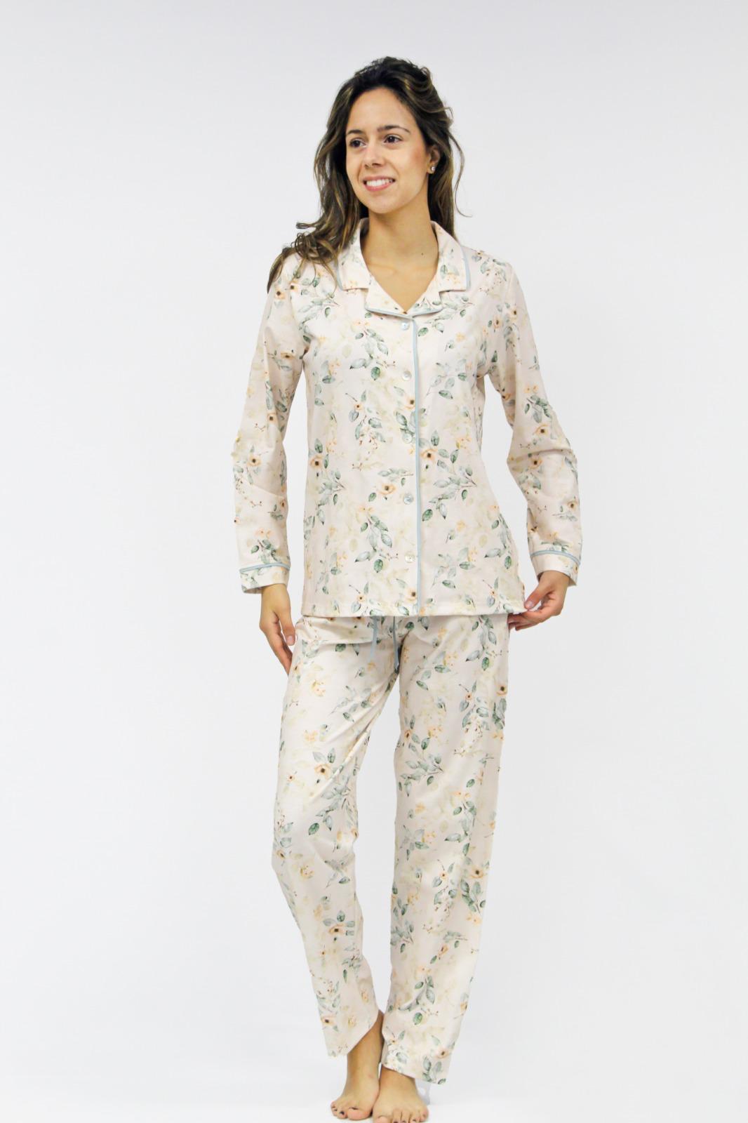 Women's long-sleeved, cool cotton pajamas with full buttons 3721