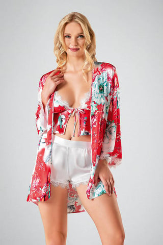 Ahu Bodysuit 3-Piece Shorts Set Red Floral Pattern 7724