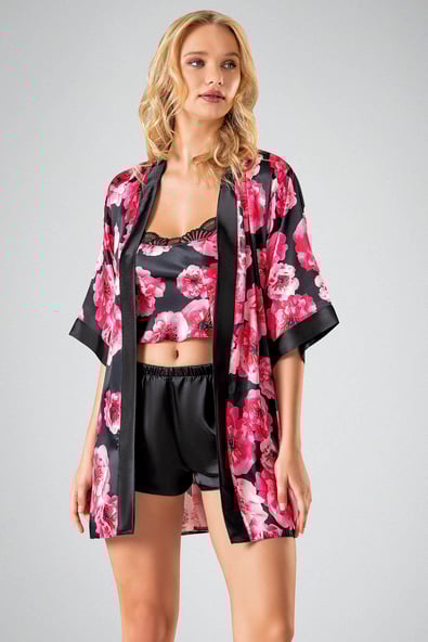 Ahu Bodysuit 3-Piece Shorts Set Black Floral Pattern 7732