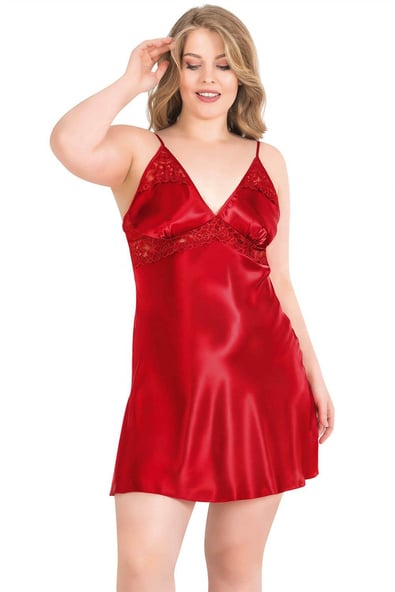 Ahu Large Size Red Short Double Satin Dressing Gown Nightgown Set 6160