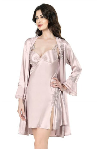 Ahu Pudra Short Double Satin Dressing Gown Nightgown Set 7623