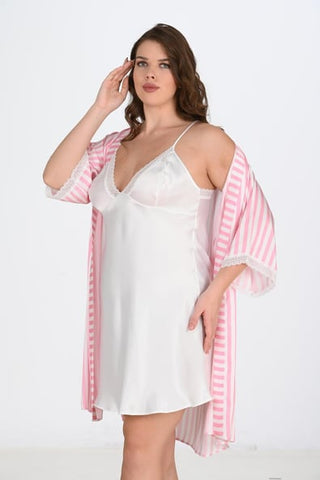 Ahu 2-Piece White-Pink Dressing Gown Set Bigsize 6210