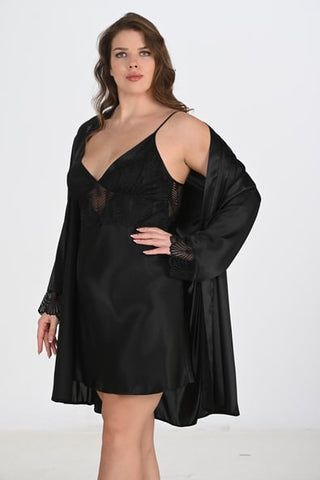 Ahu 2-Piece Black Dressing Gown Set Bigsize 6213