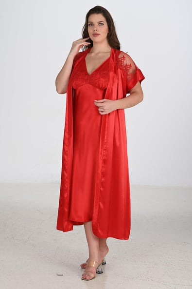 Ahu 2-Piece Red Dressing Gown Set Bigsize 6226