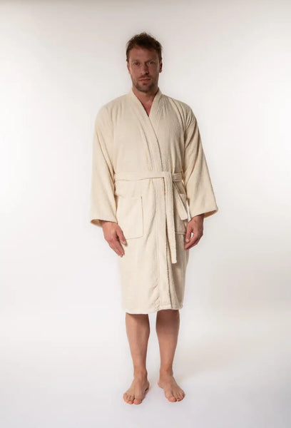 Soft Men's Kimono Collar Bathrobe - Cream
