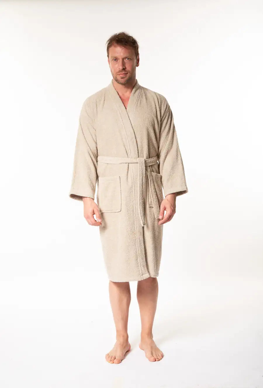 Soft Men's Kimono Collar Bathrobe - BEIGE