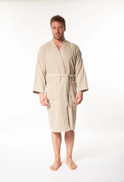 Soft Men's Kimono Collar Bathrobe - BEIGE