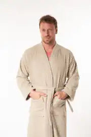 Soft Men's Kimono Collar Bathrobe - BEIGE