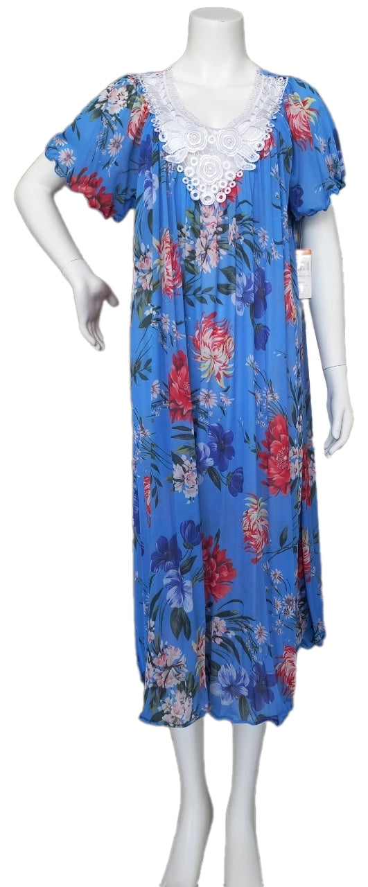 BLUE Floral Satin Ballet Nightgown(MIDI)7536