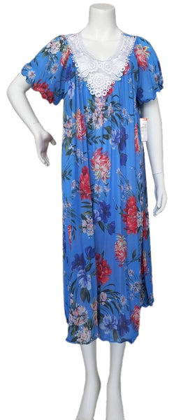 BLUE Floral Satin Ballet Nightgown(SHORT)6536