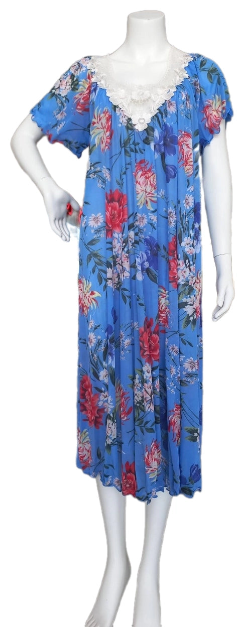 BLUE Floral Satin Ballet Nightgown(SHORT) 6031