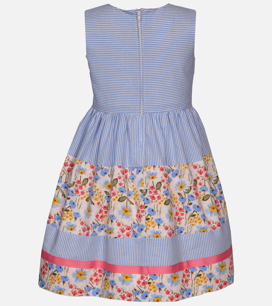 Little Girls 2T-16 Sleeveless Mixed-Media Striped/Floral Fit-And-Flare Dress