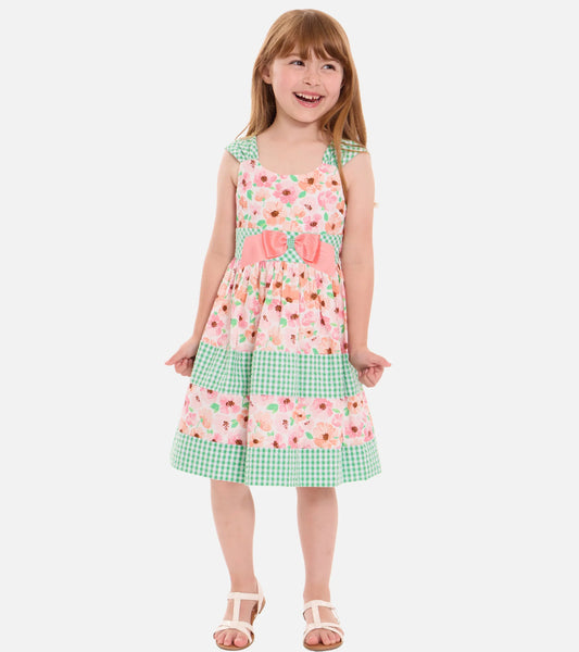 Little Girls 2T-6X Sleeveless Mixed-Media Floral/Check-Printed Fit-And-Flare Dress 13423