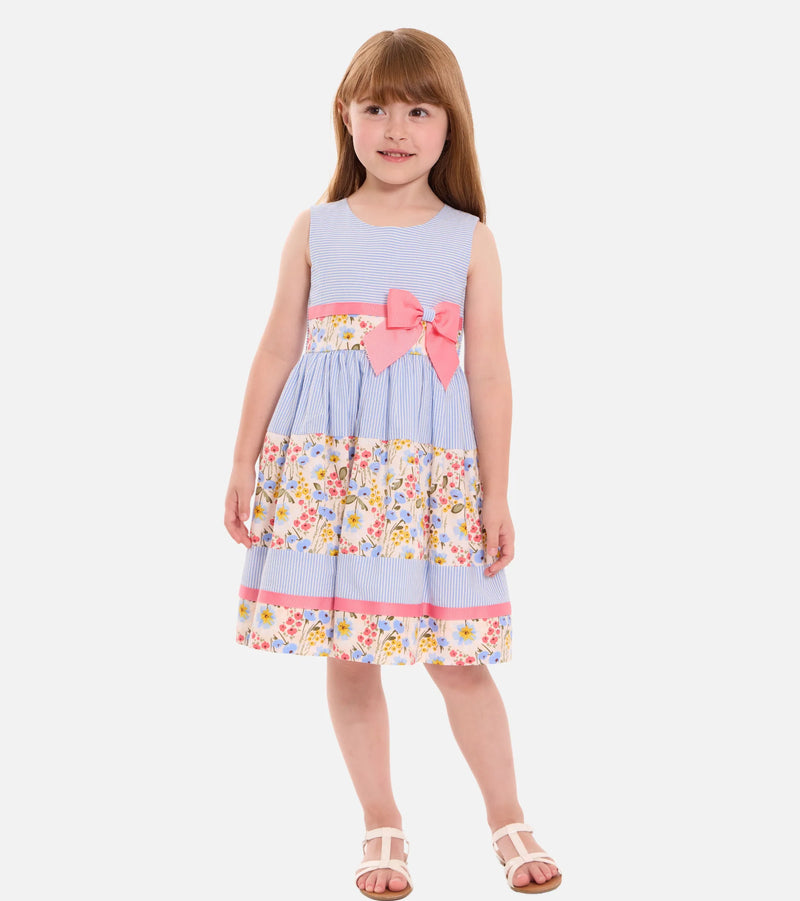 Little Girls 2T-16 Sleeveless Mixed-Media Striped/Floral Fit-And-Flare Dress 13393