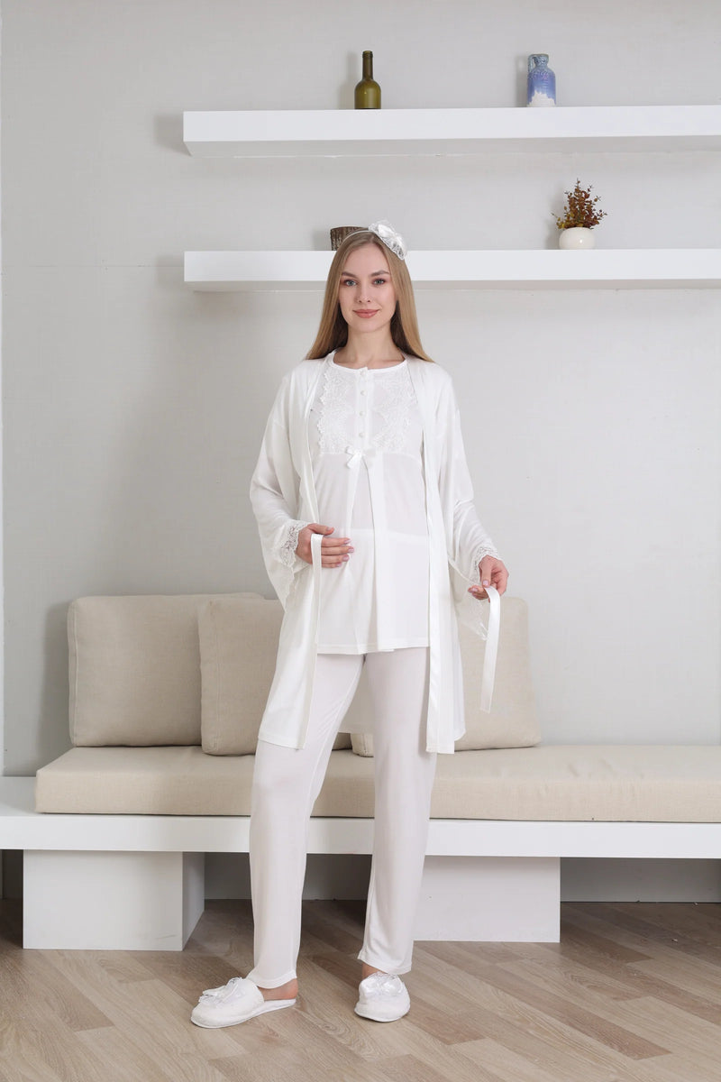 طقم بيجامة بأكمام قصيرة وروب بأكمام طويلة للحمل/ ياقة وأكمام مزينة بالدانتيل والأزرار - 3433